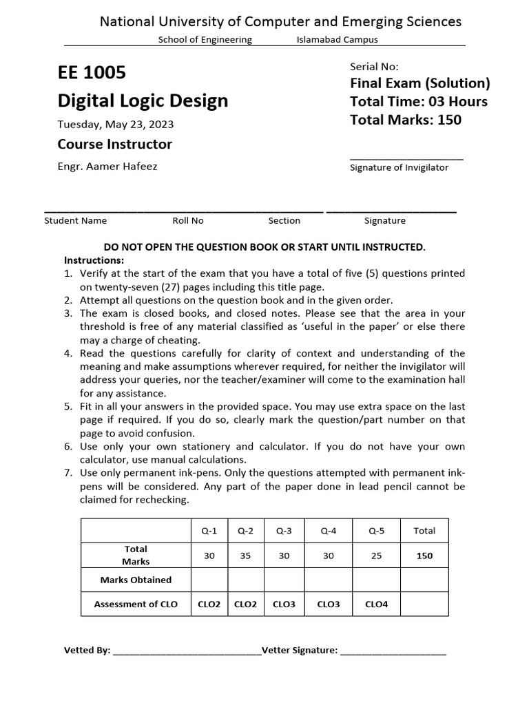 Digital Logic Design Final Exam Solutions | PDF | Logic Gate ...