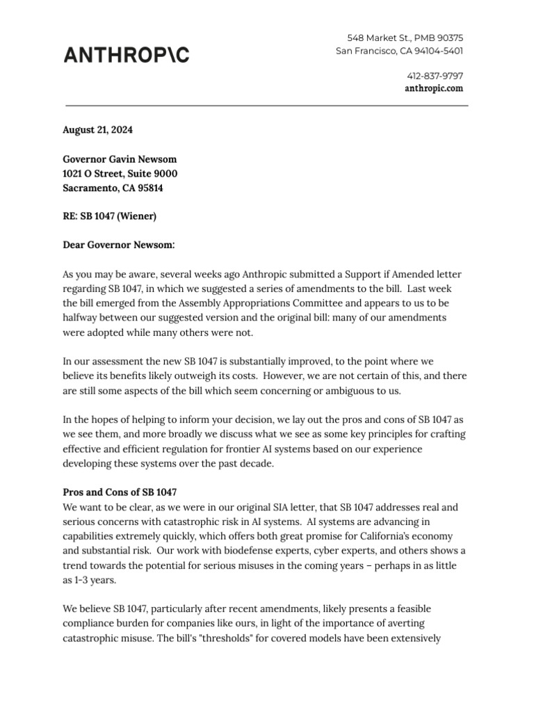 Anthropic's Position on SB 1047 | PDF | Artificial Intelligence ...
