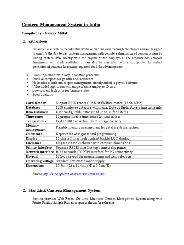 Canteen Management System in India PDF Smart Card Debit Card