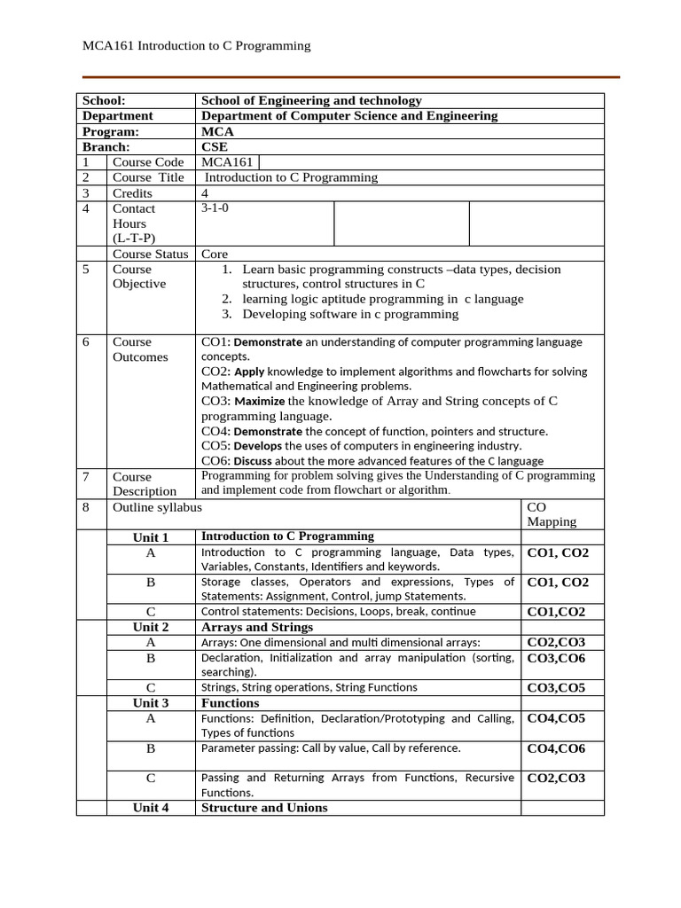 MCA161 - Introduction To C Programming | PDF