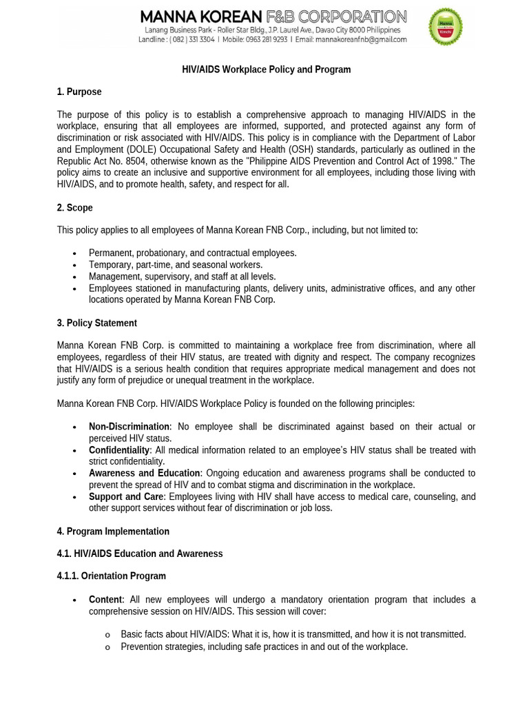 0828 HIV AIDS Workplace Policy and Program | PDF