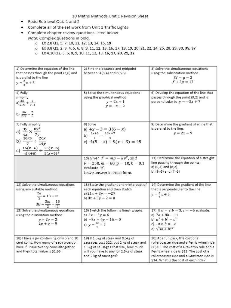 10PMM Unit 1 Revision Sheet | PDF