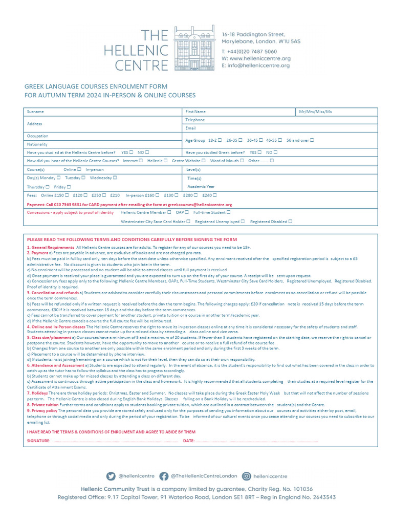 Enrolment Form Autumn Term 2024 | PDF