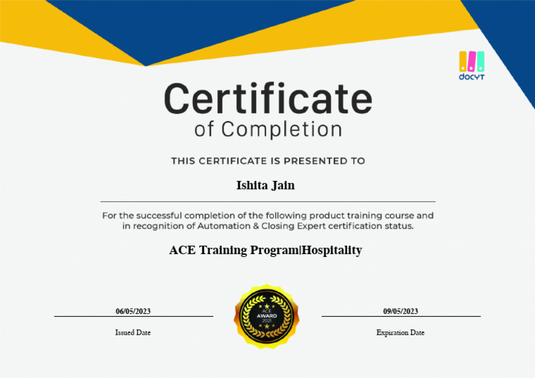Certification ACE Training Program Hospitality Ishita - Jain | PDF