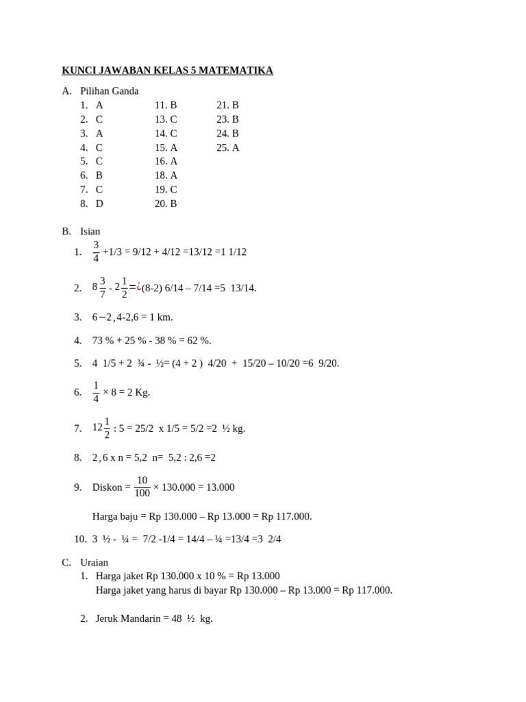 Kunci jawaban kelas 5 matematika pdf