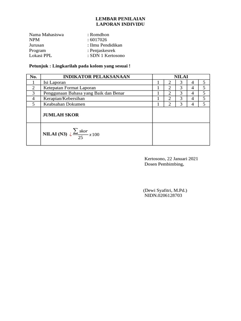 Format Penilaian PPL Sekolah | PDF