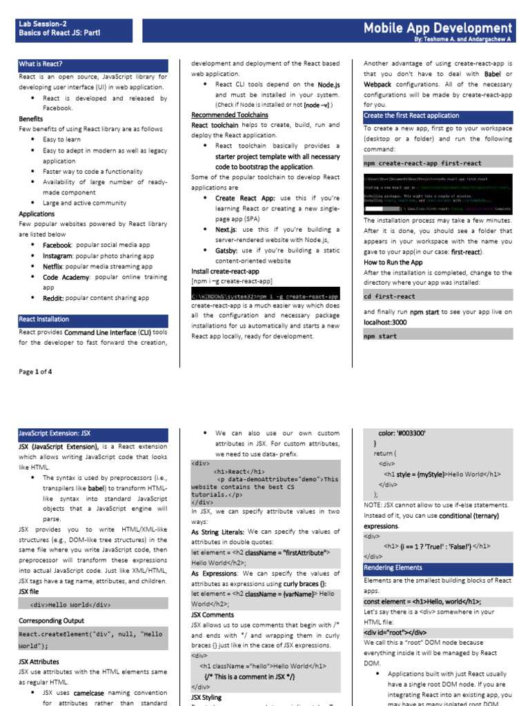 Mobile Computing Lab Session 2 Basics of React JavaScript Part1 | PDF