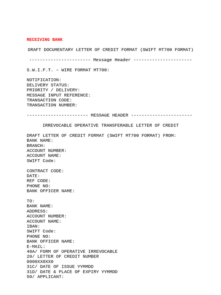 MT700 Documentary Letter of Credit Sample | PDF | Letter Of Credit ...