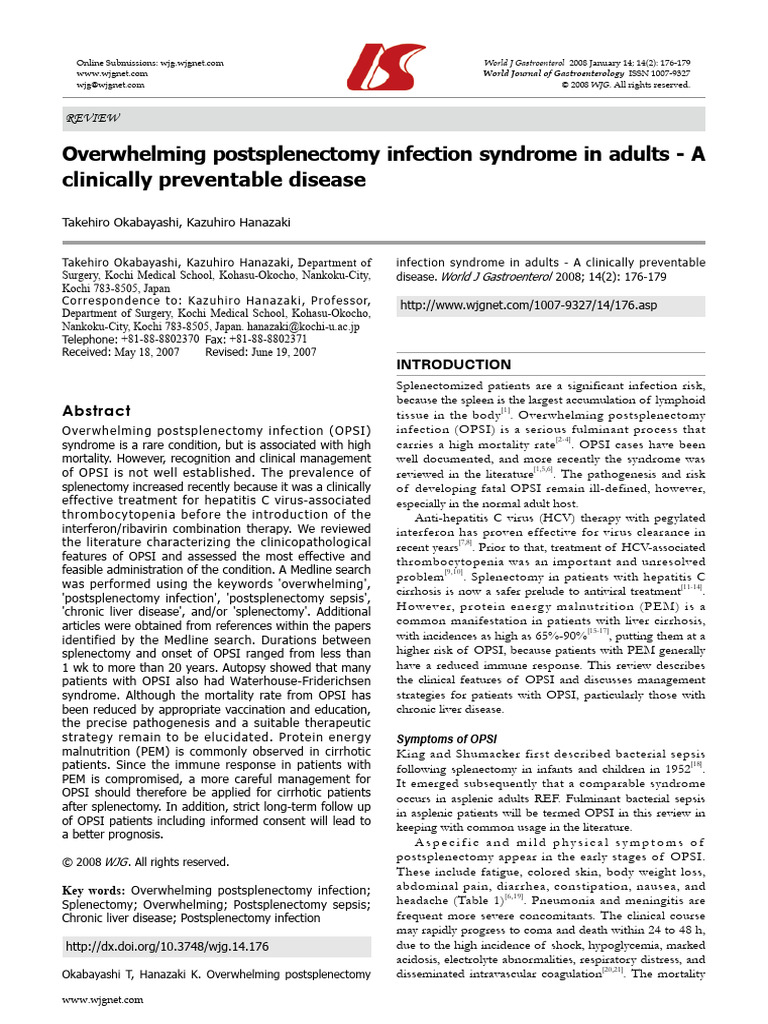 Overwhelming Postsplenectomy Infection Syndrome in Adults - A ...