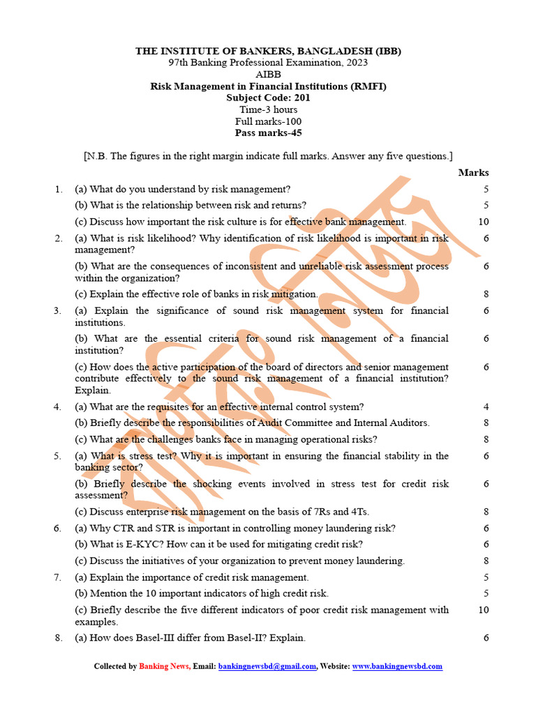 97th AIBB Risk Management Exam Questions | PDF | Basel Iii | Risk