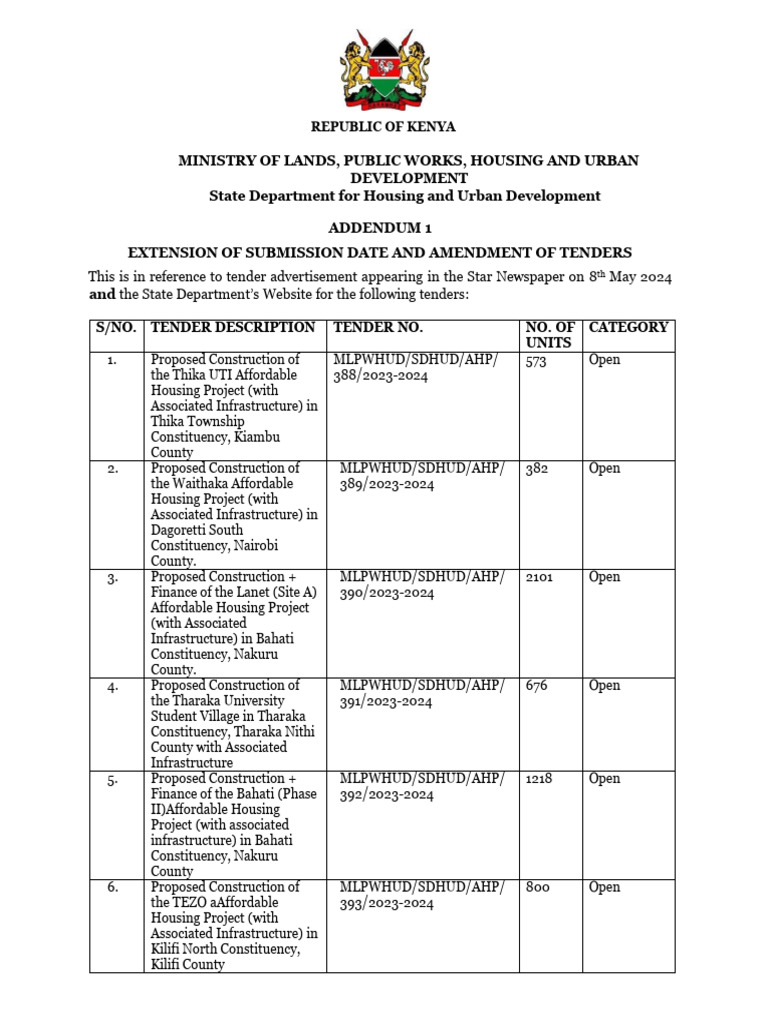 Addendum 1 Extension of Submission Date and Amendment of Tenders For ...