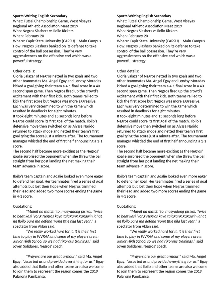 Sports Writing Secondary English DSPC Aklan 2019 | PDF