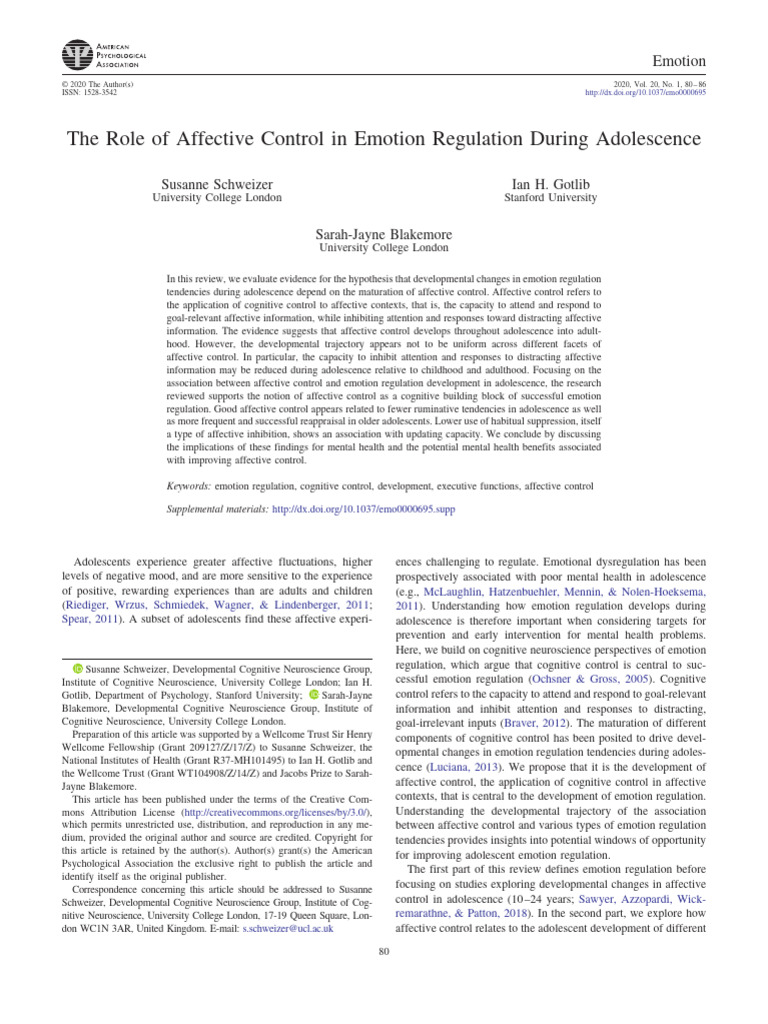 Schweizer Et Al. - The Role of Affective Control in Emotion Regulatio | PDF