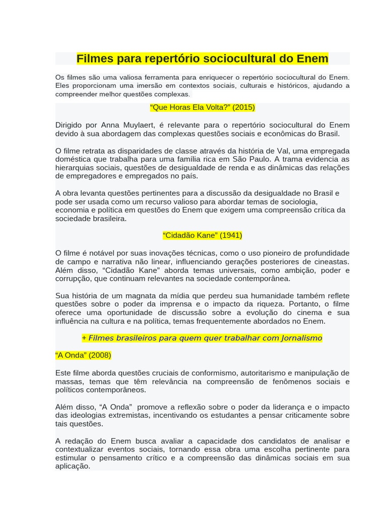 Filmes para Repertório Sociocultural Do Enem | PDF