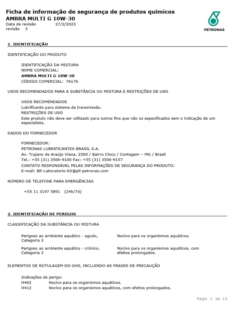 FISPQ - PETRONAS Ambra MULTI G 10W30 | PDF