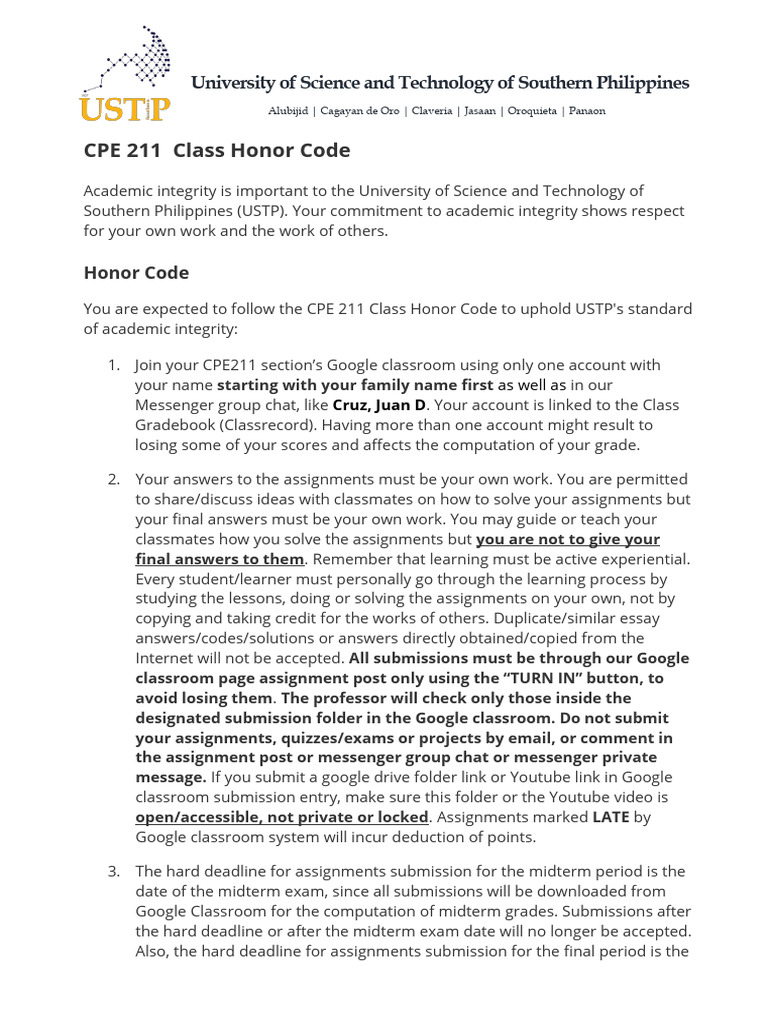 CPE 211 Class Honor Code August-2024 | PDF | Academic Integrity | Quiz