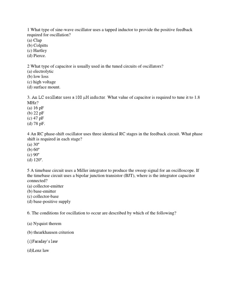 Oscillator Quiz Types, Components, Applications & Stability PDF