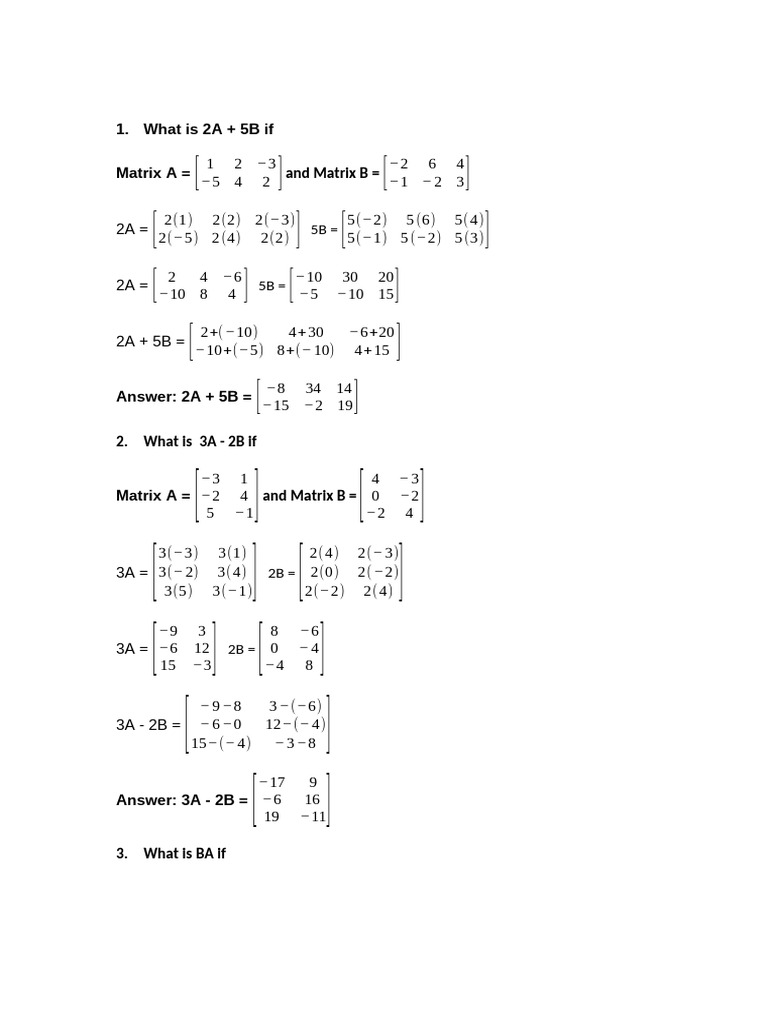 Matrix Operations: 2A+5B, 3A-2B, BA, 3AT-2BT | PDF | Algorithms ...