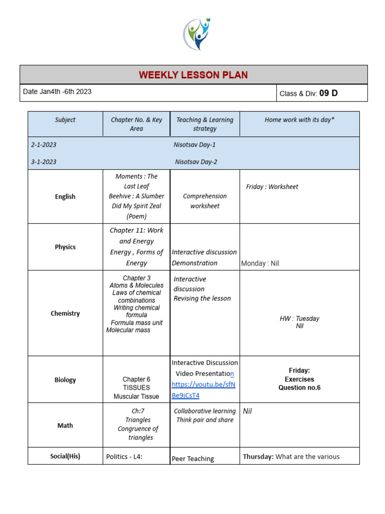 Weekly Lesson Plan 9 D | PDF