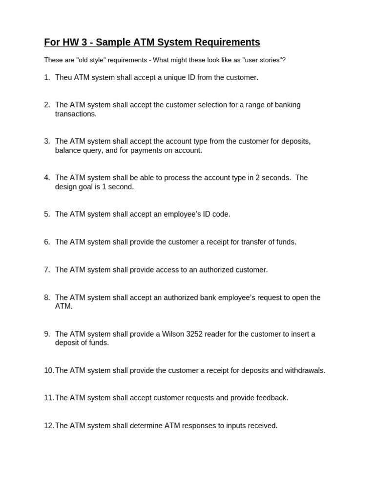 Sample Old Style ATM System Requirements For HW3 | PDF