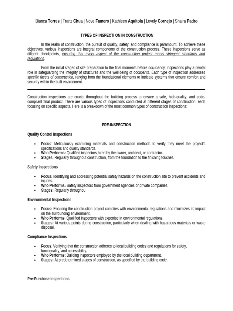 Write Up - Types of Inspection in Construction | PDF