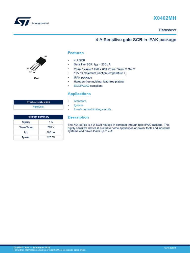4 A Sensitive Gate SCR in IPAK Package: Features | PDF