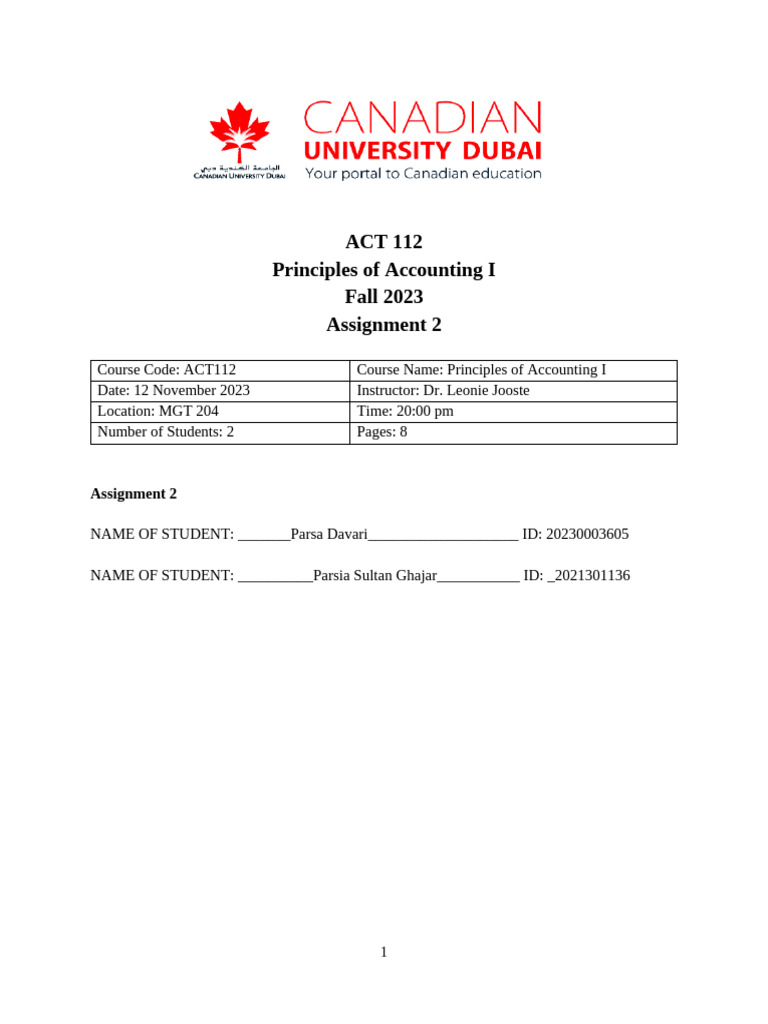 ACT121 Fall 23 Assignment 2 Questions | PDF