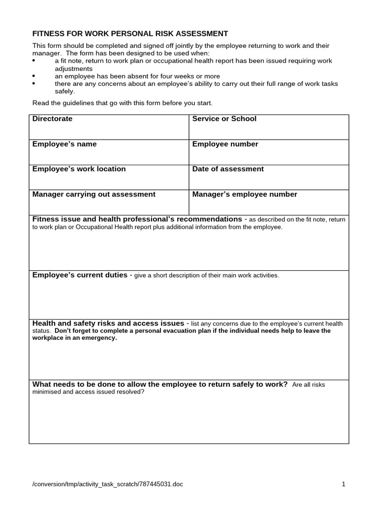 Fitness For Work Risk Assessment Form March 15 | PDF