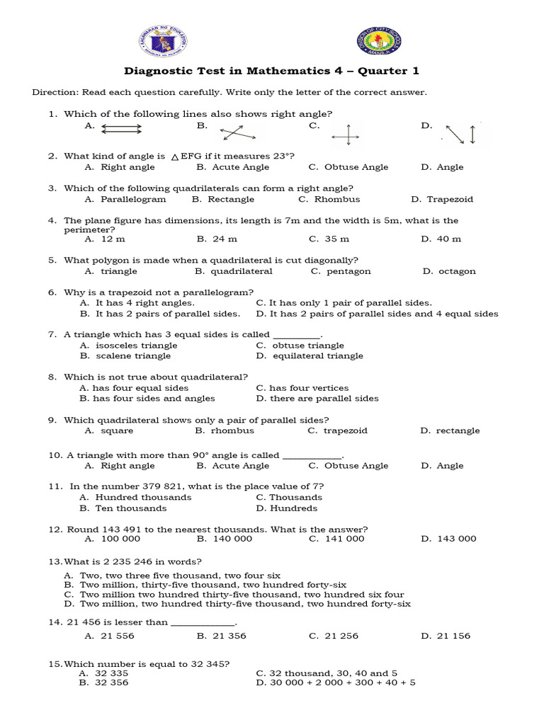 Mathematics 4 Diagnostic Test Q1 | PDF | Rectangle | Triangle