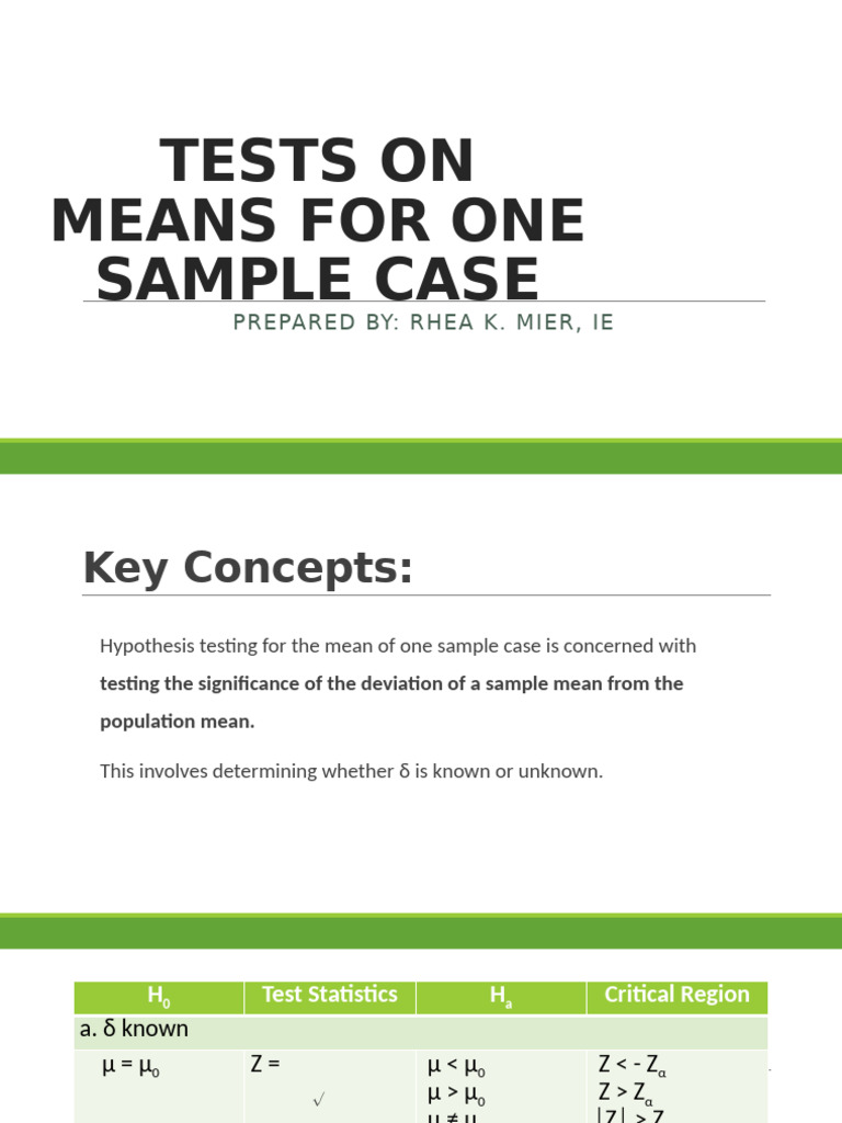 Lesson 5 TESTS ON MEANS FOR ONE SAMPLE CASE | PDF