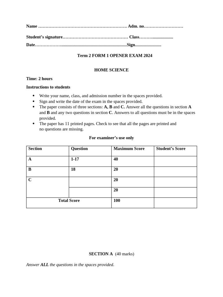 Form 1 Homescience Question Paper Opener Term 2 Pdf