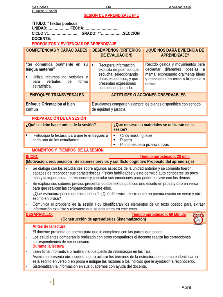 Sesiones de Aprendizaje - Cuarto Grado | PDF