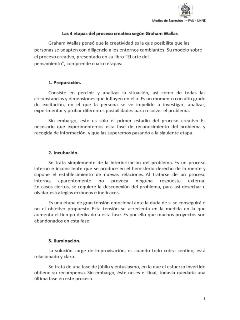 Etapas del Proceso Creativo de Wallas | PDF | Creatividad | Pensamiento