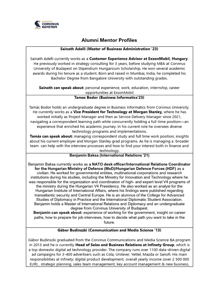 Alumni Mentor Profiles | PDF