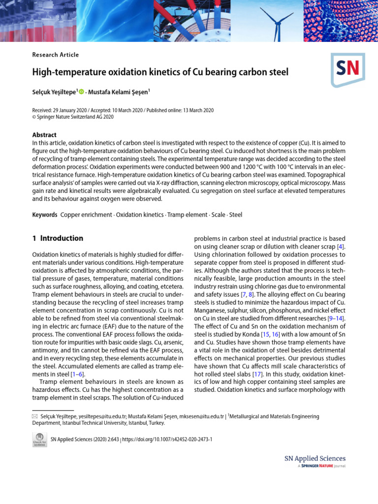 High Temperature Oxidation Kinetics of Cu Bearing Carbon Steel | PDF