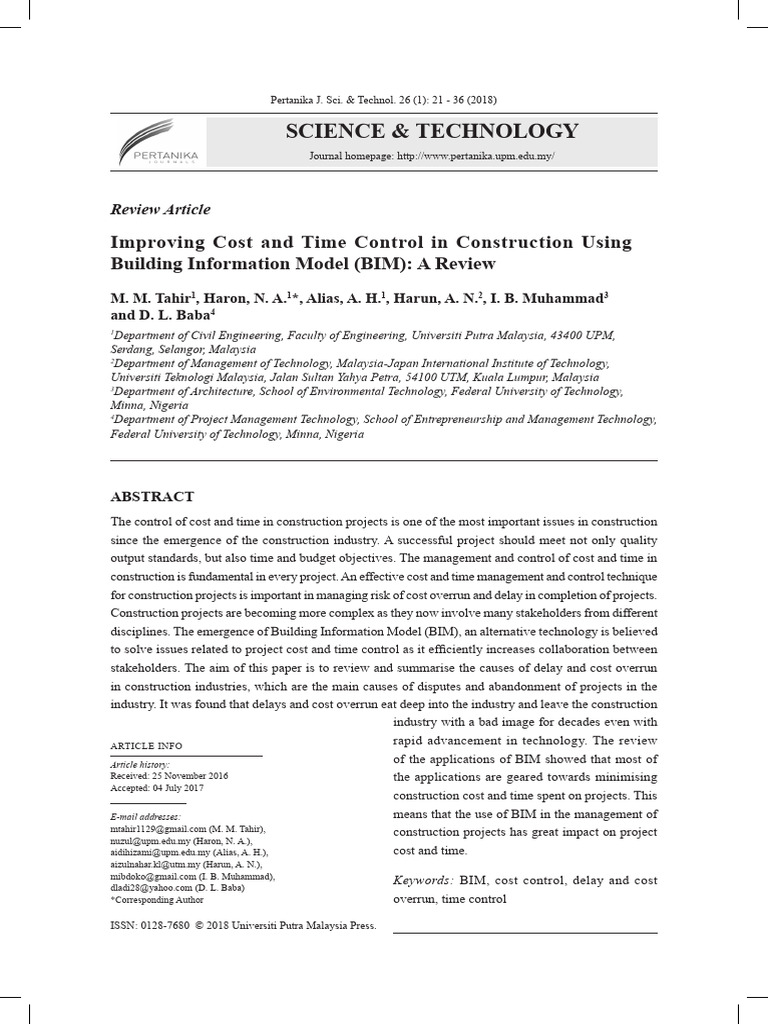 Improving Cost and Time Control in Construction (BIM) A Review | PDF