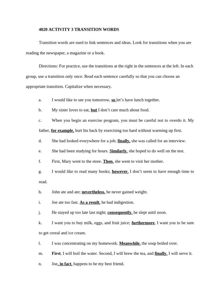 4020 ACTIVITY 3 Transition Words | PDF