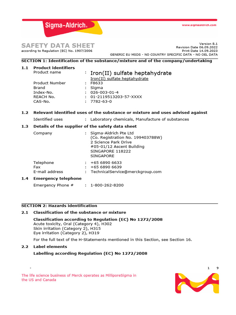 Safety Data Sheet: Iron (II) Sulfate Heptahydrate | PDF