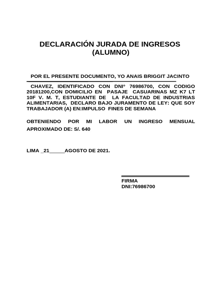 Declaracion Jurada de Ingresos Padres | PDF