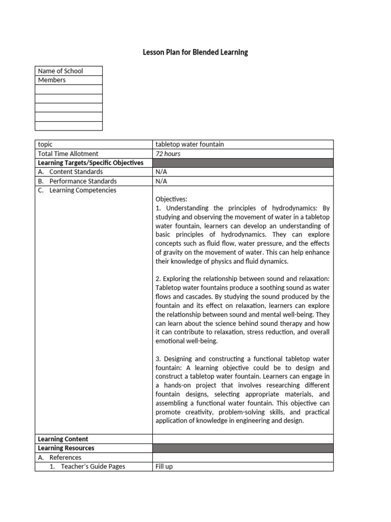 Blended Learning Lesson Plan: Water Fountain | PDF | Learning | Career ...