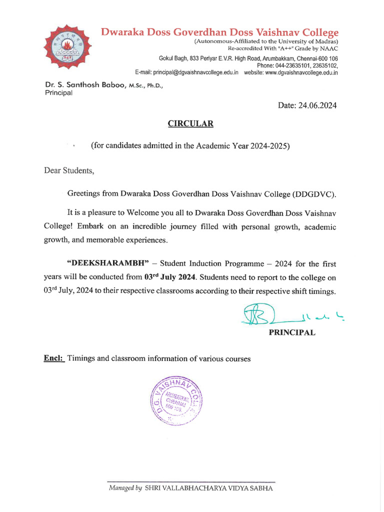 STUDENTS CIRCULAR FOR 2024 25 Batch | PDF