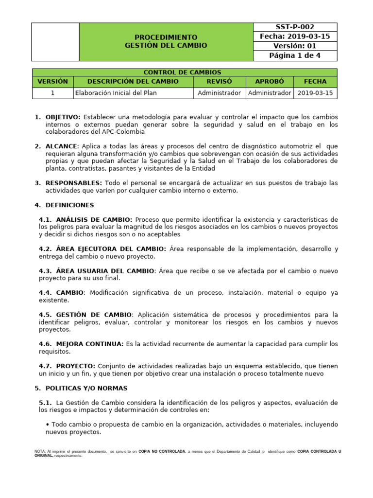 SST-P-002 Gestion Del Cambio V1 | PDF