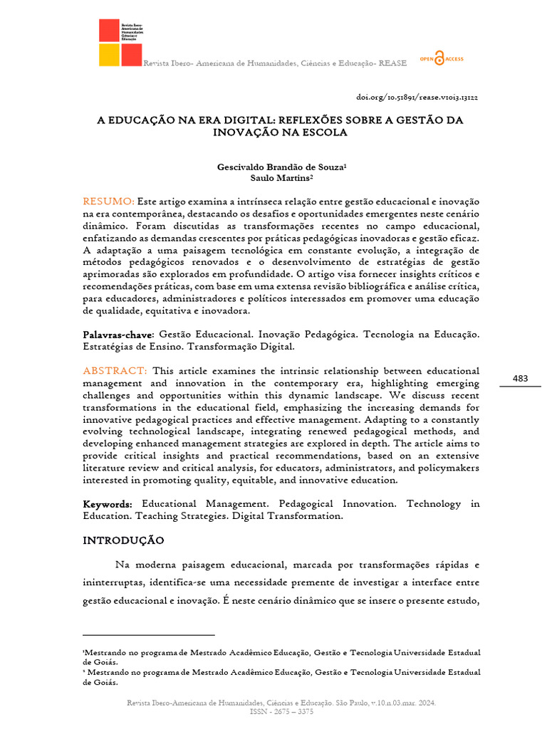 Gestão da Inovação na Educação Digital | PDF | Inovação | Carreira e ...