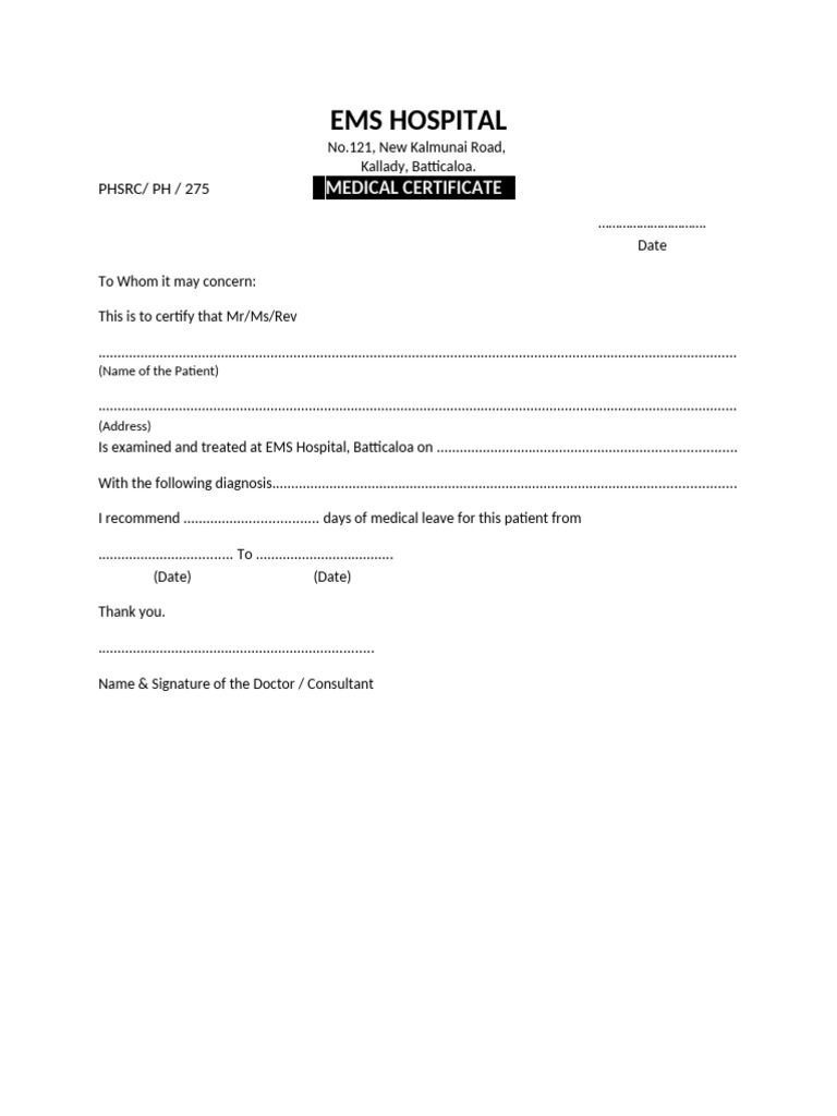 EMS Hospital Medical Leave Certificate | PDF