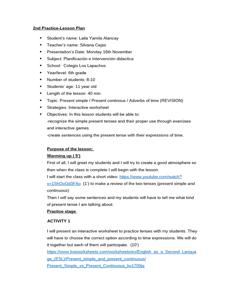 2nd Practice Lesson Plan - Los Lapachos | PDF