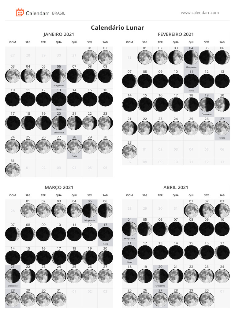 Imprimir Calendário Lunar De 2021 Todos Os Feriados E Datas