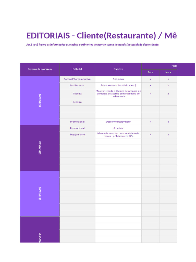 Planilha LinhaEditorial ControleDePosts Modelo ADF | PDF