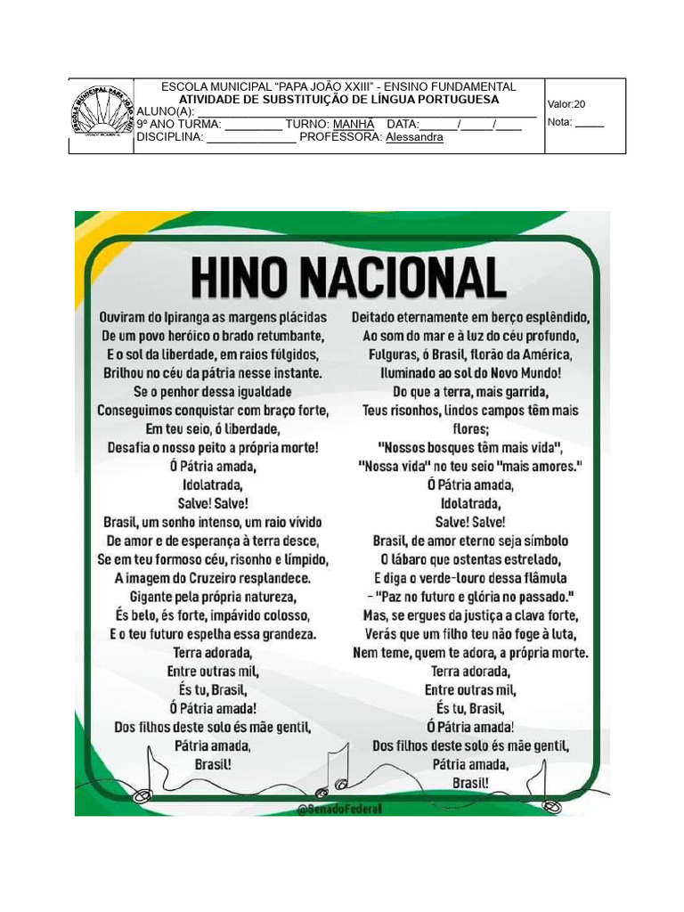 ATIVIDADES - INTERPRETACÃO HINO NACIONAL 9º ANOS | PDF