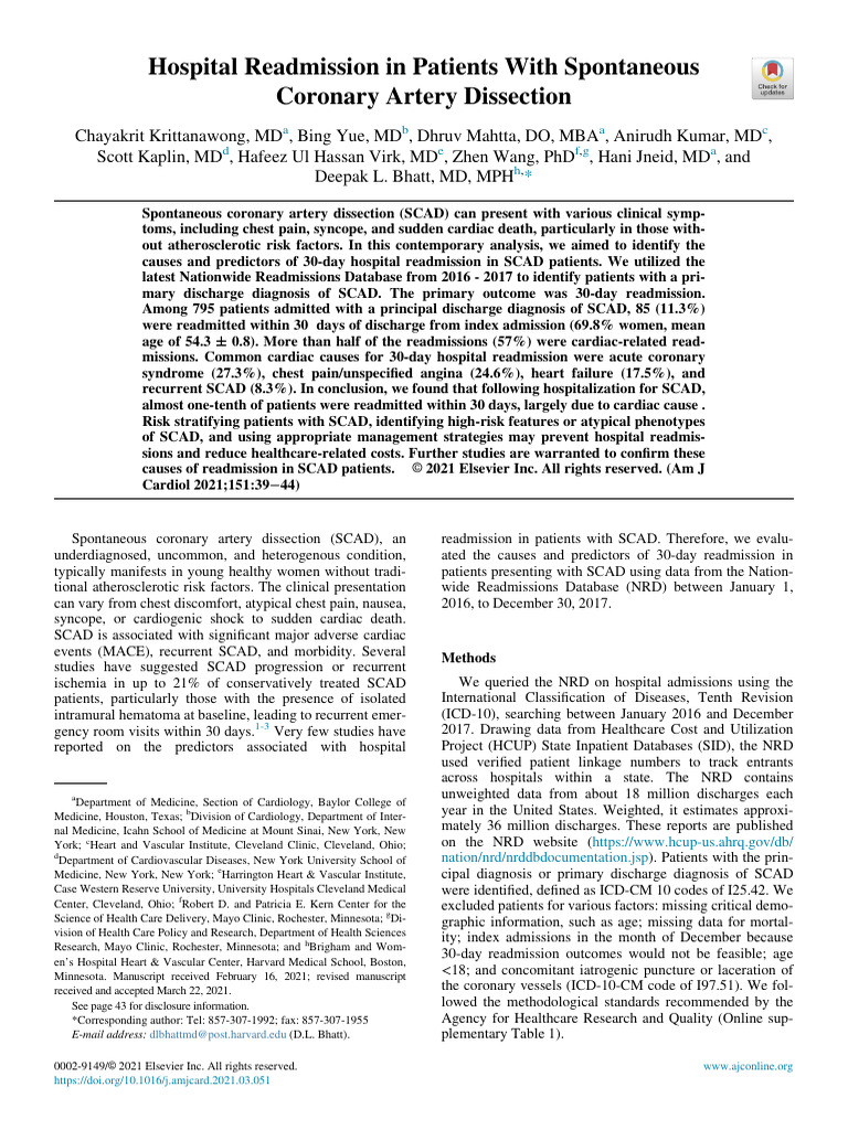 Hospital Readmission in Patients With Spontaneous Coronary Artery ...