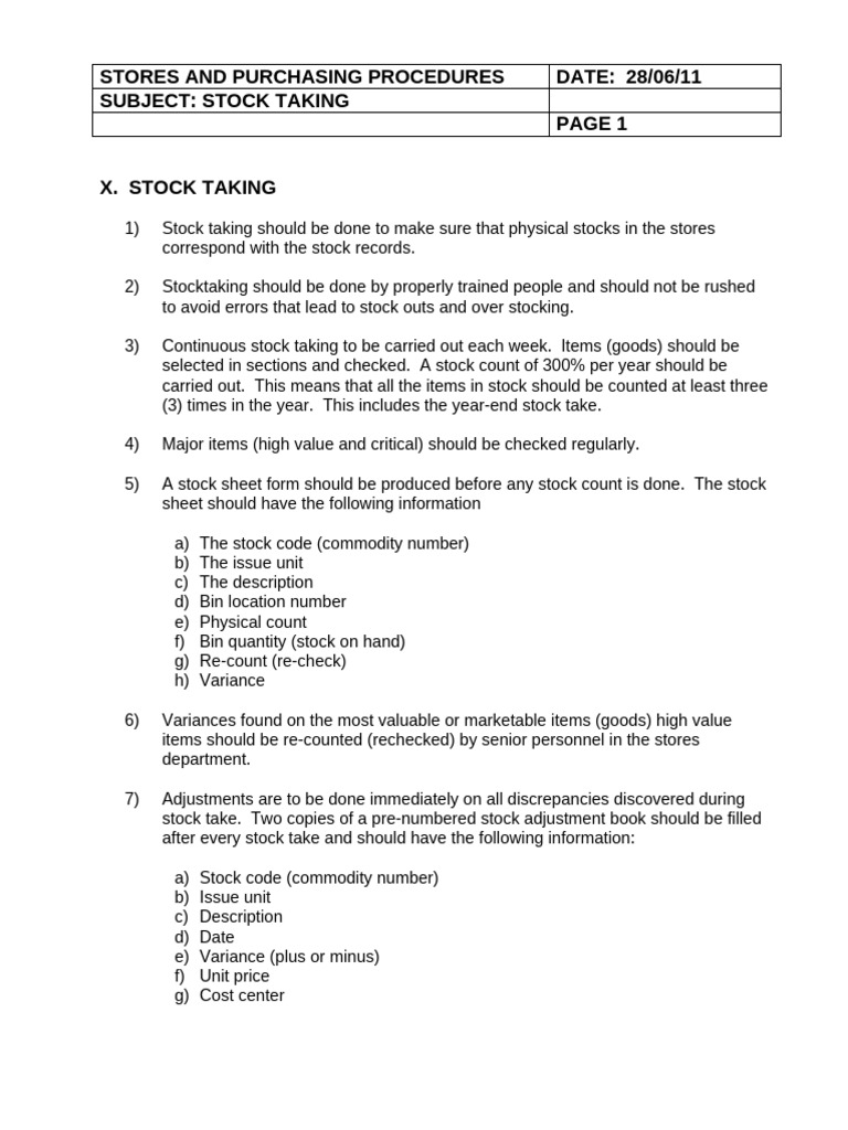 Stock Taking Procedures Overview | PDF